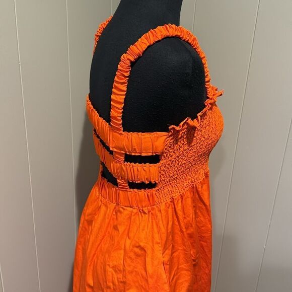 Topshop bright orange elastic strappy smocked ruffle bodice 100% cotton midi. - Picture 4 of 7
